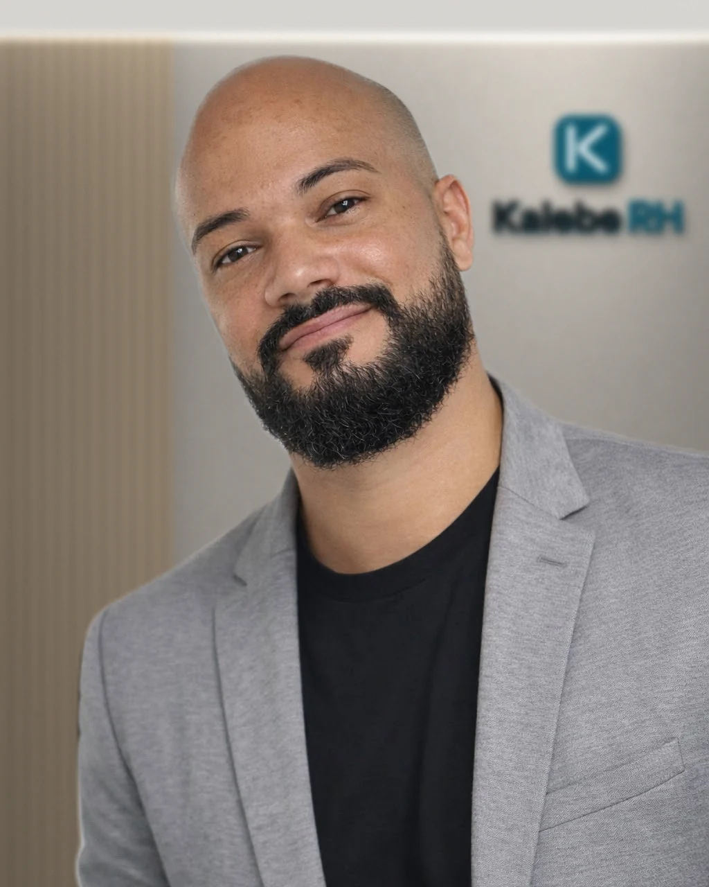 André Marques, de barba e paletó cinza, diante da parede com o logotipo da Kalebe RH.